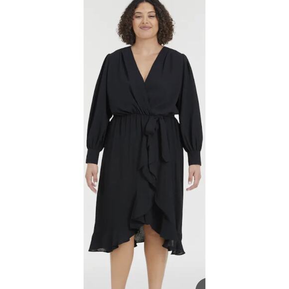 Fraiche by J Faux Wrap Ruffle Long Sleeve Dress In Black. Size XL. NWOT - Picture 1 of 7